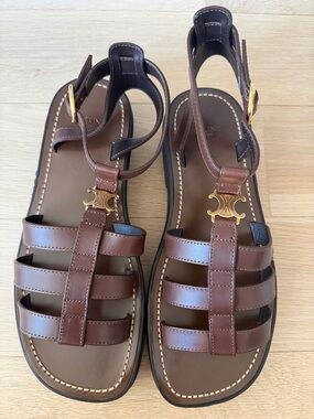 Celine Brown Leather Strappy Sandals with Gold Hardware